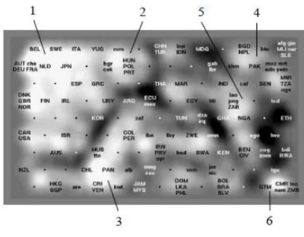 Figura  3-4  -  Utilização  da  U-matrix  para  representar  os  países  segundo  o  bem-estar  (Kohonen &amp; S.Kaski, 1996) 