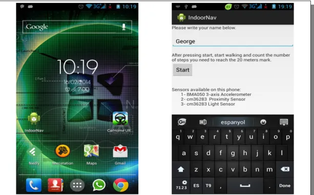 Figure 7: On the left, how the application looks in an Android launcher.. On the right,  the activity launched after the user touches the icon of the IndoorNav application, called Main