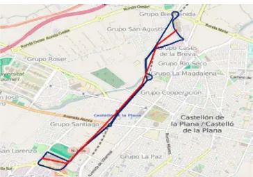 Figure 4.2 Line route (blue) vs. Line sequence of stations (red). 