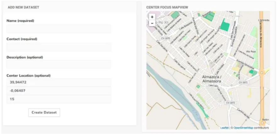 Figure 4.1: When we are creating a new dataset, we have the following view where we have to add a dataset name, a email contact, a description and spatial point.