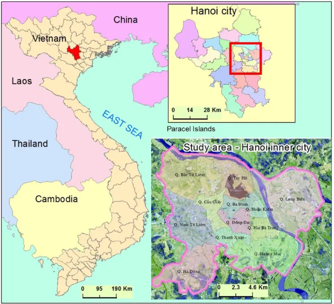Figure 1: Map of Vietnam, Hanoi, and Hanoi inner city 