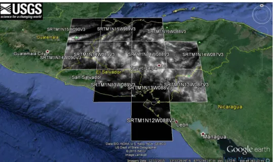 Figure 10. Tiles downloaded of the SRTM at 1 arc second. 