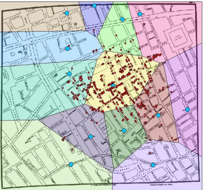 Figure 1.13  –  Modern GIS analysis over Dr. Snows cholera map. 