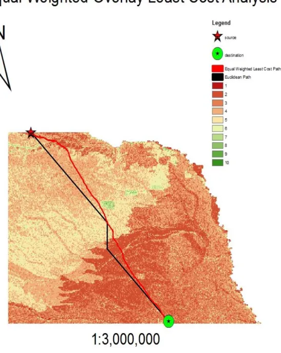 Figure 11. Equal Weighted LCP and straight-line route, which achieved for cost  surface Equal Weights overlay