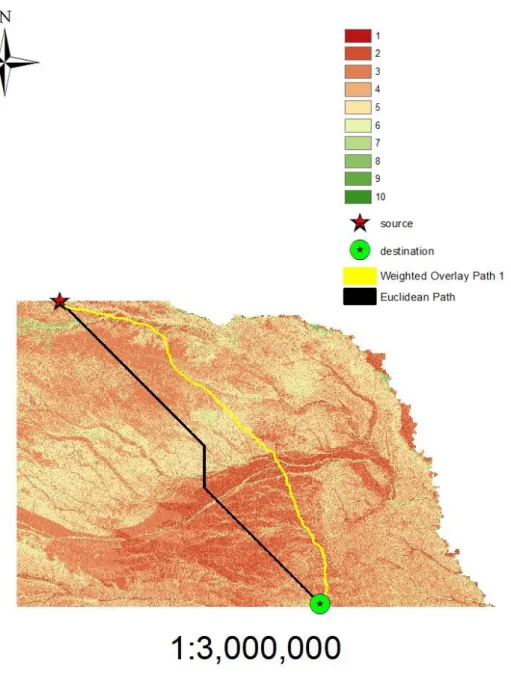 Figure 12. Least Cost Route and Euclidean Path for Weighted Overlay Surface 1. 