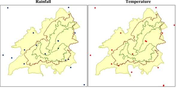Figure 7. Situation maps of weather stations from which are obtained rainfall and temperature data