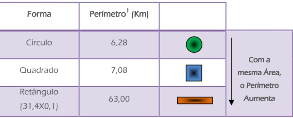 Tabela 2 - Influência da forma da mancha na área e no perímetro 