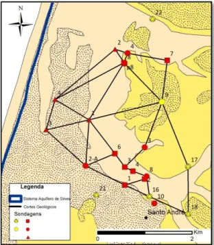 Figura 12. Localização geográfica dos cortes geológicos a norte de Santo André, num excerto da Figura 5