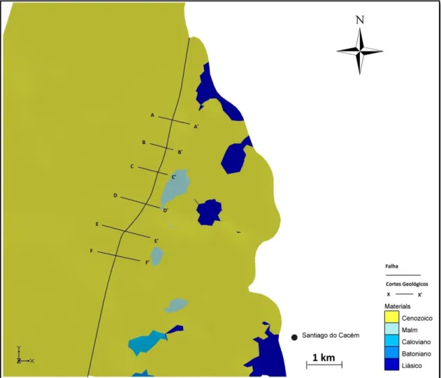 Figura 25. Localização dos cortes geológicos ao longo da falha de Santo André representados na  Figura 26