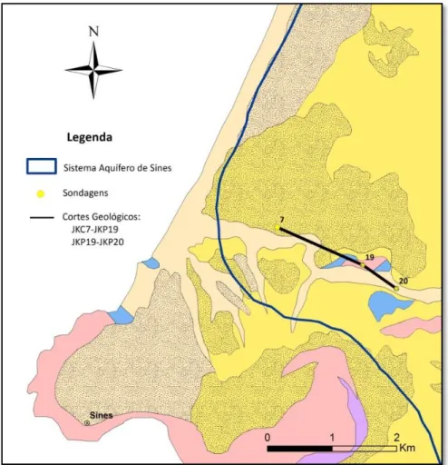 Figura 27. Localização dos cortes geológicos entre as sondagens da Área Sudoeste num excerto da  Figura 5