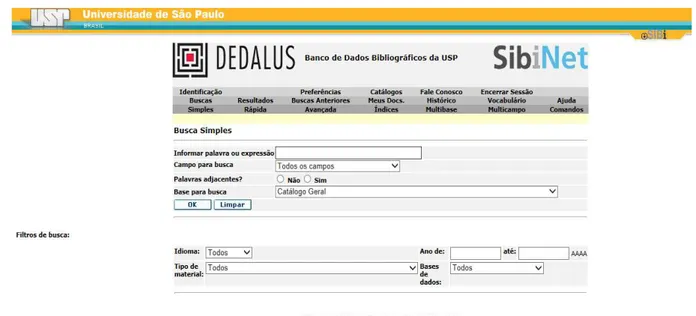 FIGURA 8: Página inicial do catálogo coletivo on-line DEDALUS. 