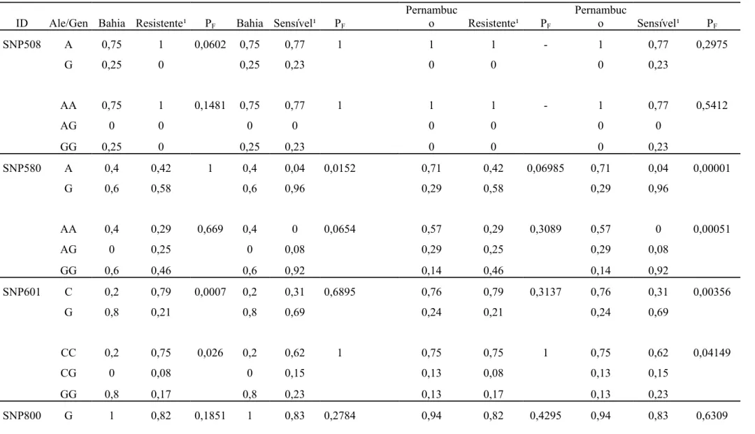 Tabela 3. Comparação das frequências alélicas e genotípicas para os polimorfismos no gene da glicoproteína-p em Haemonchus contortus entre  os isolados brasileiros (resistente, Bahia e Pernambuco) e australiano (suscetível)