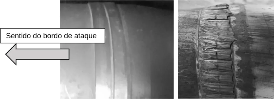 Figura 4-1: Fotografia de uma cinta de travamento de uma munição M107 antes (esquerda) e após o disparo  (direita) com o sentido do bordo de ataque da cinta indicado