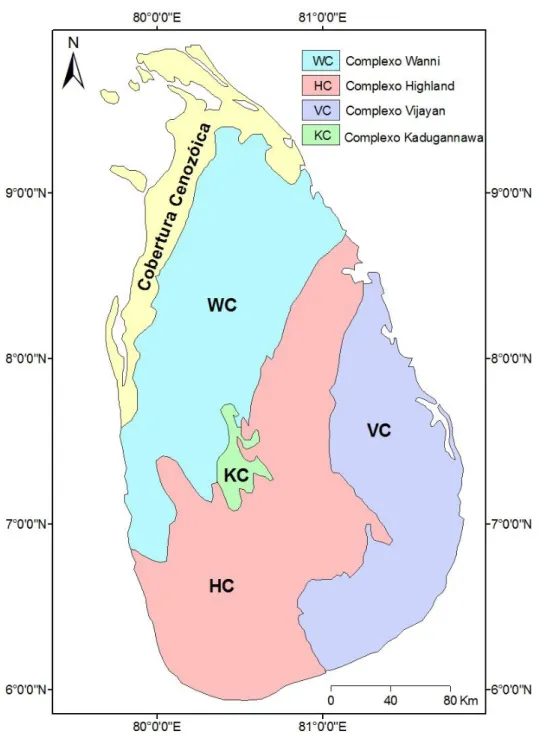 Figura  2.1:  Mapa  geológico  simplificado  do  Sri  Lanka,  mostrando  suas  principais  unidades  litotectônicas  (modificado de Chandrajith et al