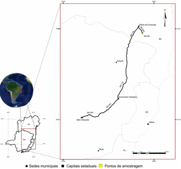 Figura  1.1:  Mapa  de  localização  do  distrito  pegmatítico  de  Itambé,  mostrando  as  principais  rodovias percorridas, tomando-se como referencial a capital mineira (Belo Horizonte)