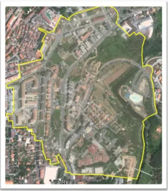 Figura 1.  Área da bacia urbana em Vila Real e sua delimitação (Google Earth 2014) 