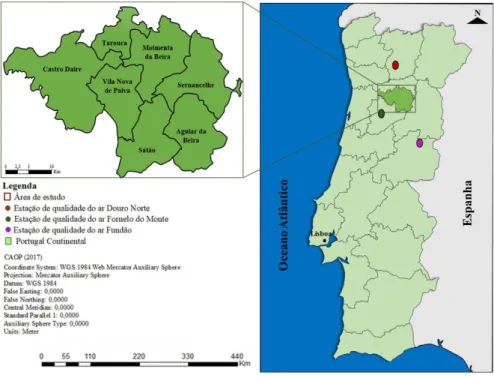 Figura 1-Identificação dos sete concelhos que constituem área de estudo e das estações de monitorização  da qualidade do ar ambiente