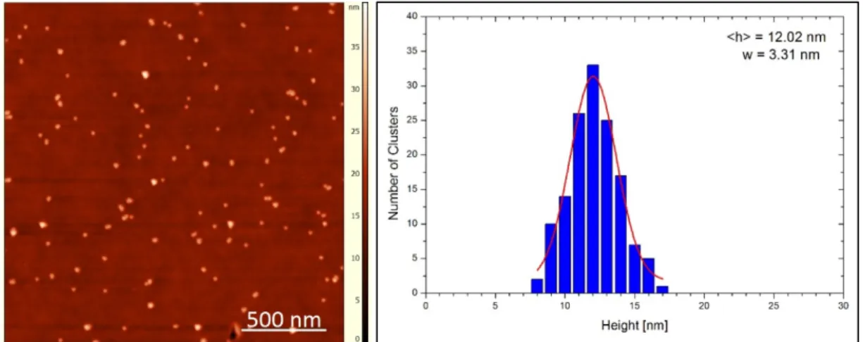 Figure 17 – AFM image and the corresponding height histogram for clusters deposited on a hard (