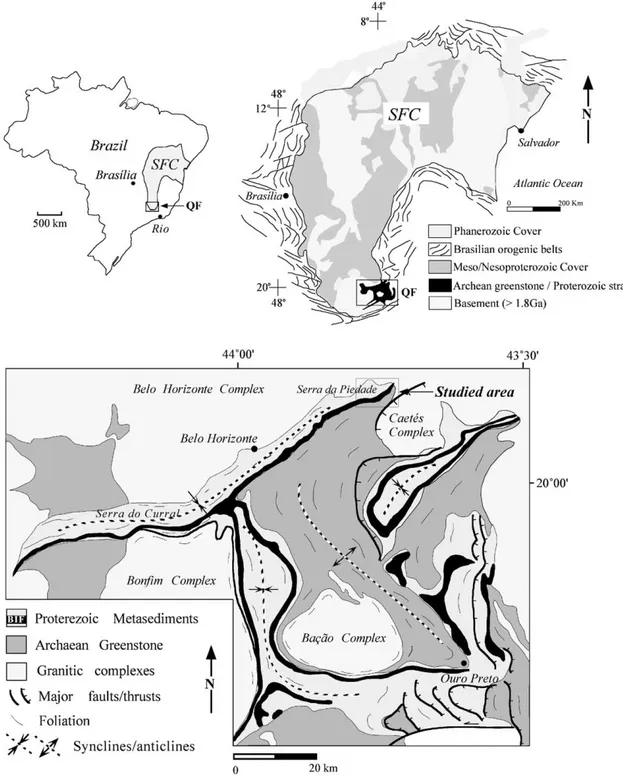 Fig. 1. Simplified geological map of the Quadrila´tero Ferrı´fero granite – greenstone terrane in the southern margin of the Sa˜o Francisco Craton (SFC)