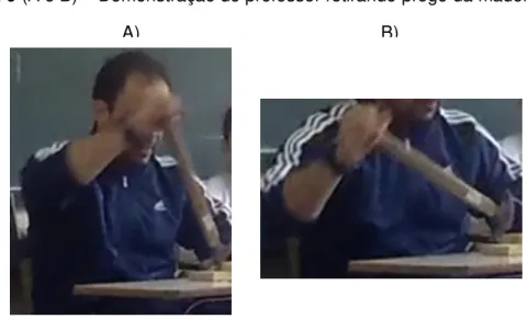 Figura 9 (A e B)  –  Demonstração do professor retirando prego da madeira. 