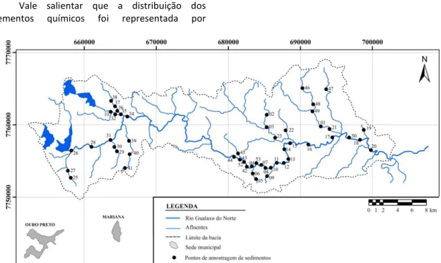 Figura 1. Localização geográfica dos pontos de amostragem de sedimentos ativos de drenagem, bacia do rio Gualaxo do  Norte, MG, Brasil