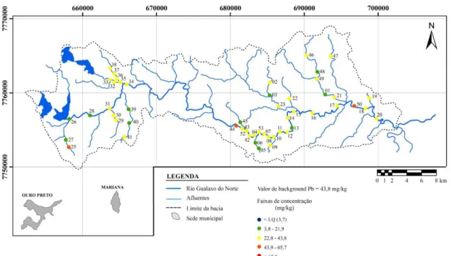 Figura 4. Mapa da distribuição geoquímica do chumbo para sedimentos ativos de drenagem coletados na bacia do rio  Gualaxo do Norte, MG, Brasil