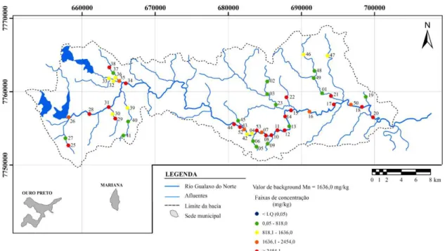 Figura 5. Mapa da distribuição geoquímica do manganês para sedimentos ativos de drenagem coletados na bacia do rio  Gualaxo do Norte, MG, Brasil