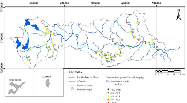 Figura 7- Mapa da distribuição geoquímica do zinco para sedimentos ativos de drenagem coletados na bacia do rio Gualaxo  do Norte, MG, Brasil