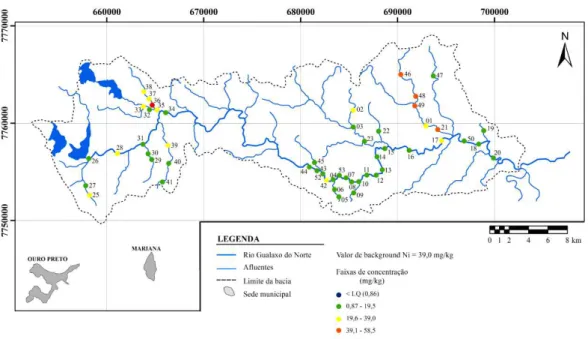 Figura  8-  Mapa  da  distribuição  geoquímica  do  níquel  para  sedimentos  ativos  de  drenagem  coletados  na  bacia  do  rio  Gualaxo do Norte, MG, Brasil