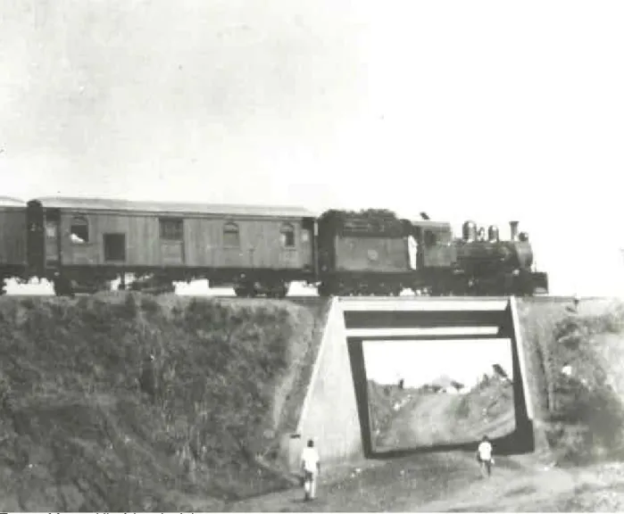 FIGURA 5  – Viaduto da Estrada de Ferro Araraquarense sobre a Avenida  Marimbondo, atual Avenida João Amadeu, em Jales – 1955