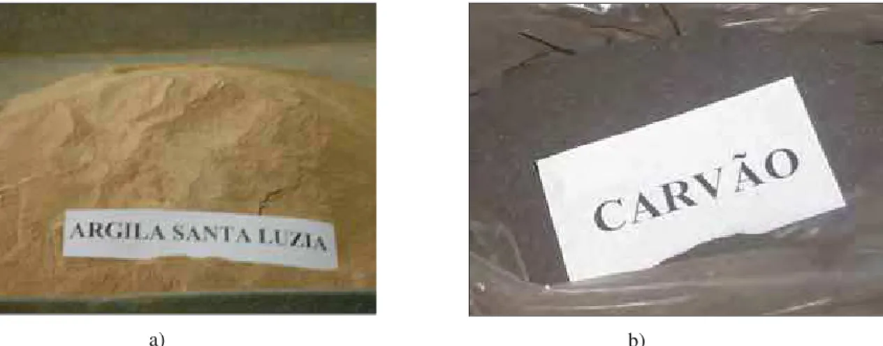 Figura 15. Materiais usados: (a) argila retirada do rio no Bairro Santa Luzia e (b) carvão  