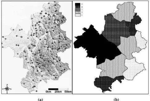 Figure 2.1: (a) Distribution of the samples and (b) clustering of the study area according to  homogeneity of sample density in  D UMOLARD  (2007) 