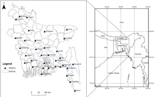 Figure 3.1: Study area – Bangladesh with world location and 34 meteorological stations to  measure daily precipitation and temperature  ( B HOWMIK  and C ABRAL , 2011)