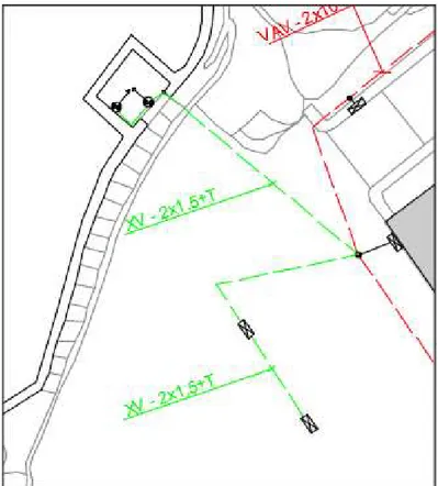 Figura 5.16. Ilustração das canalizações do ramal dos Caminhos de Circulação, Porta da Traição e jardim paroquial  (Autocad 2016) 