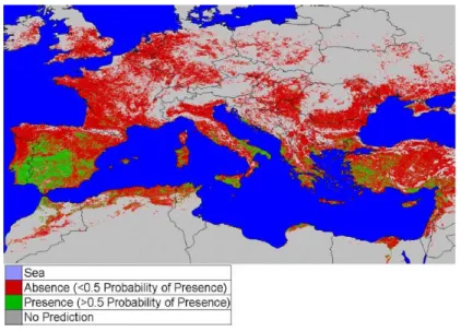 Figura 30 ‐ Presença/ausência do c. Imicola, na região do mediterrâneo, prevista por um modelo derivado de  dados de presença/ausência em 87 locais de Portugal (TATEM, 2003) 