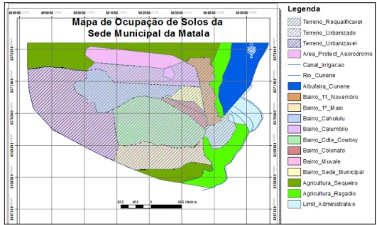 Figura  26.  Mapa  de  ocupação  e  uso  do  solo  da  Sede  Municipal  da  Matala.  Fonte:  ArcGIS  10,  Ortofotomapa,  Imagem de Satélite Ikonos