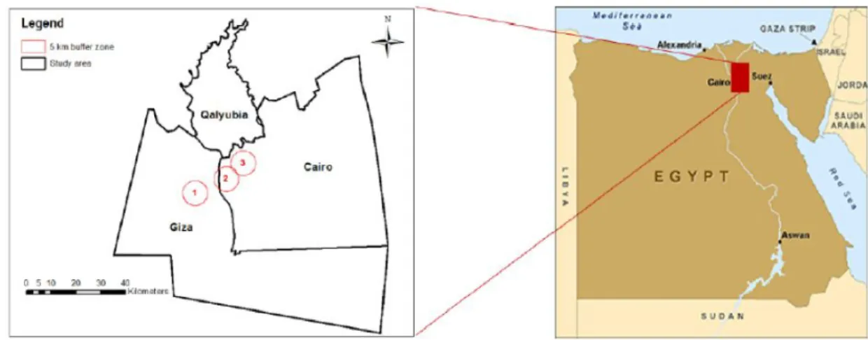 Figure 2.2: Greater Cairo area (Left). Egypt (right)  ​ (Megahed et al. 2015) 