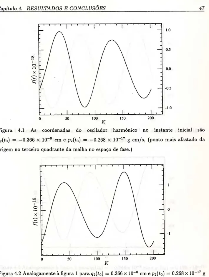 Figura 4.1 As coordenadas do oscilador harmônico no instante inicial são  92(^0) = —0.366 X 10“® cm e ^2(^0) = —0.268 x 10“*^ g cm/s, (ponto mais afastado da  origem no terceiro quadrante da malha no espaço de fase.) 