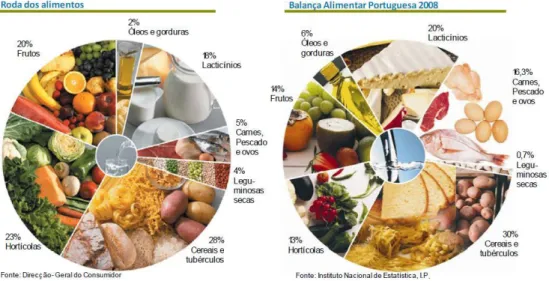 Figura 1. Padrão alimentar dos portugueses apresentado na Balança Alimentar Portuguesa 2008 em  comparação com o Modelo da Roda dos Alimentos, Fonte: INE (2010a)