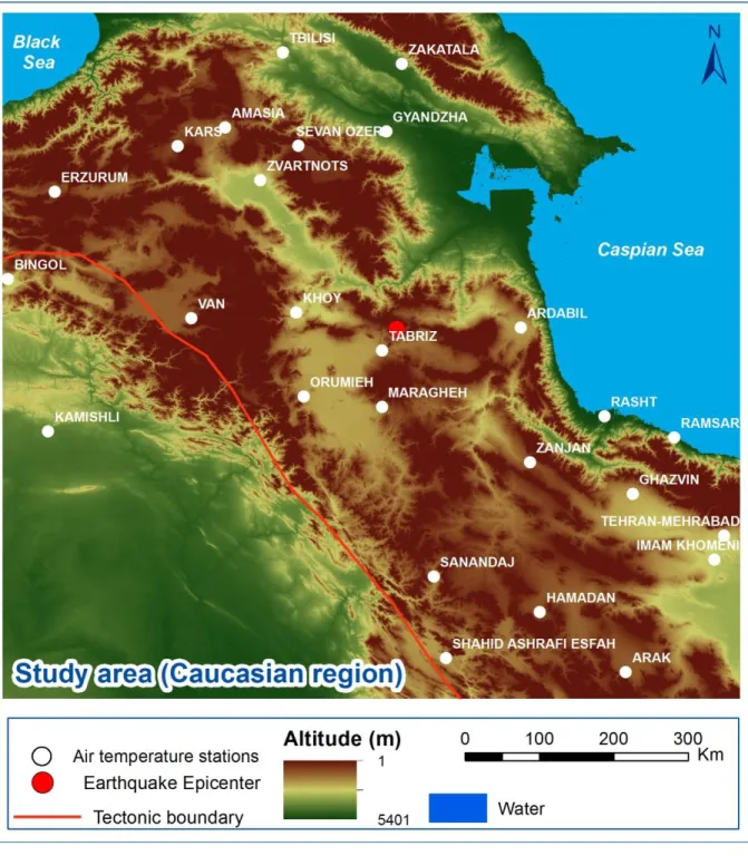 Figure 1: Study area comprising an approximately 1000 x 1000 km region; distribution of air temperature stations 