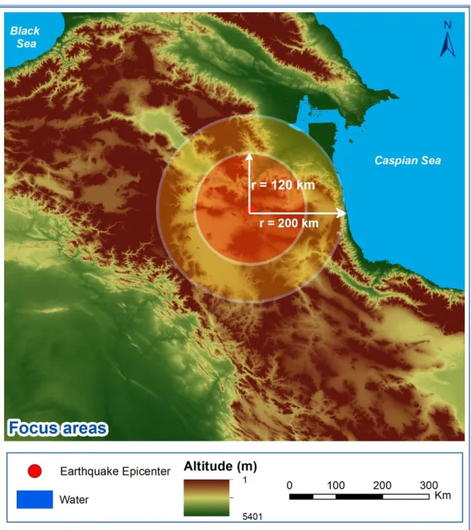 Figure 3: The three areas for which the mean LST was calculated: (a) the area extending 120 km from the epicentre, (b)  the area extending 200 km from the epicenter and (c) the entire area 