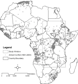 Figure 1-1  the distribution of the Armed Conflict in Africa (Strandow et al. 2011) 