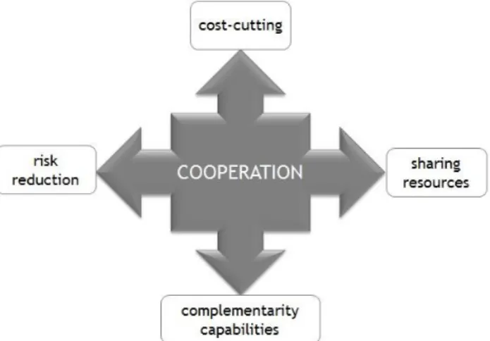 Figure 1 provides a synthetic representation of the advantages of cooperation within the framework of corporate  innovation processes in accordance with the main perspectives analysed