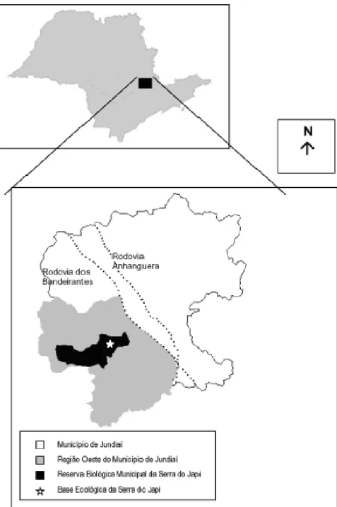 Figura 1. Localização do Município de Jundiaí no Estado de São Paulo; em destaque a área de estudo, Reserva  Biológica Municipal da Serra do Japi