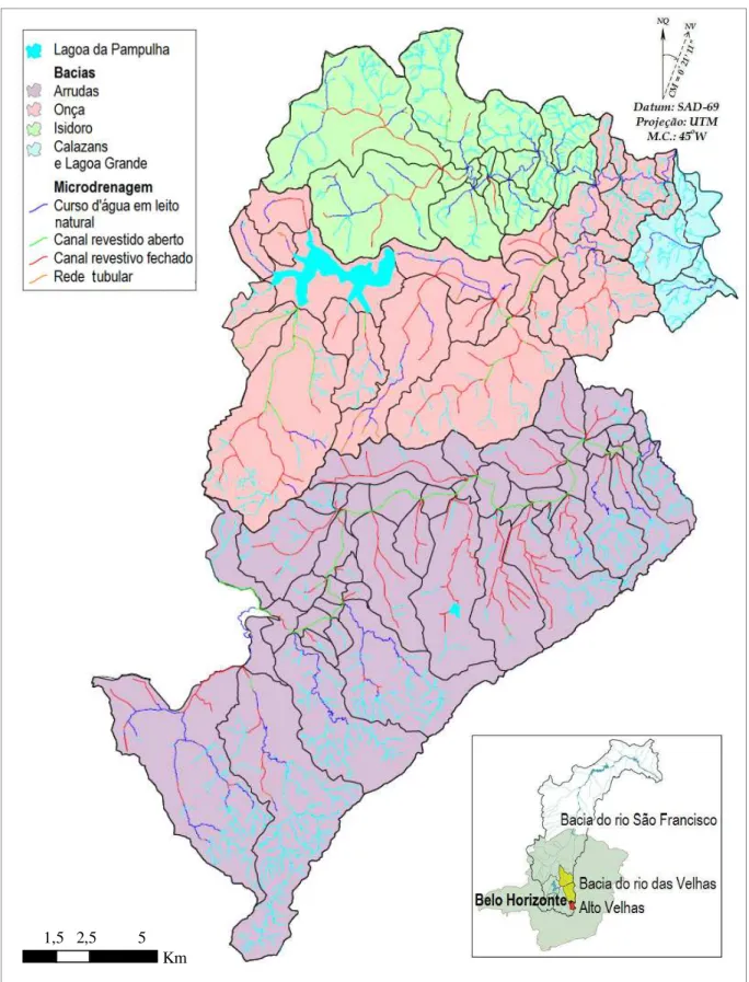 Figura 8 - Hidrografia de Belo Horizonte em relação às Micro-Bacias do Rio das Velhas  Fonte: PAOLUCCI, 2012, a partir das bases cartográficas da PBH/SUDECAP, 2011
