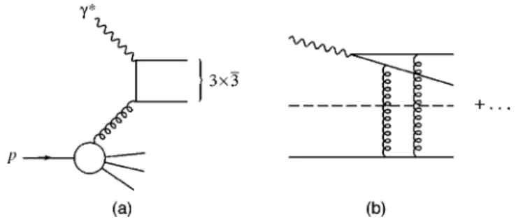 FIG. 2. Rapidity gaps in deep inelastic scattering: ~a! due to soft colors effects; ~b! due to Pomeron exchange.
