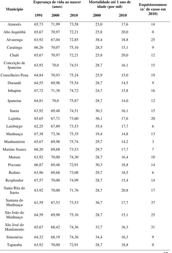 Tabela  4  -  Indicadores  de  vida  e  doença  nos  municípios  da  UPGRH  DO6.  (Fonte:  Atlas  do  Desenvolvimento Humano no Brasil e GUIMARÃES, 2010)