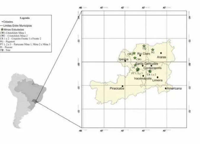Figura 3.1. Mapa de localização das minas amostradas na área do Pólo cerâmico de Santa  Gertrudes (Rocha, 2012)