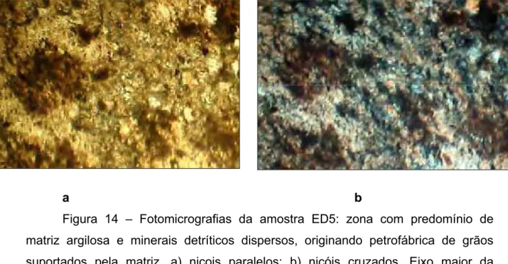 Figura 14 – Fotomicrografias da amostra ED5: zona com predomínio de  matriz argilosa e minerais detríticos dispersos, originando petrofábrica de grãos  suportados pela matriz