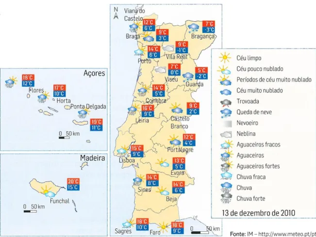 Figura 2 – Mapa do estado do tempo observado em Portugal no dia 13 de dezembro de 2010   Fonte: IM- http://www.meteo.pt/pt 